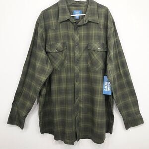 The Foundry Supply Co Olive Green Plaid Button Up Pocket Chest Long Sleeve Shirt